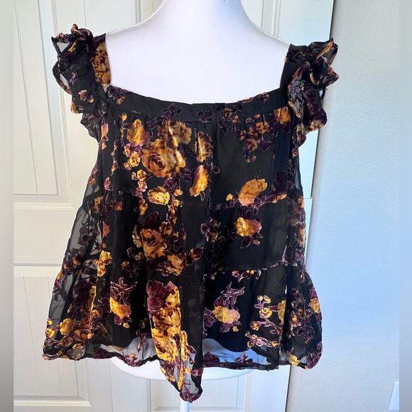 Velvet Burnout Babydoll Top Flutter Ruffle Sleeve Lined Tank Whimsigoth Sz Large - Picture 2 of 9